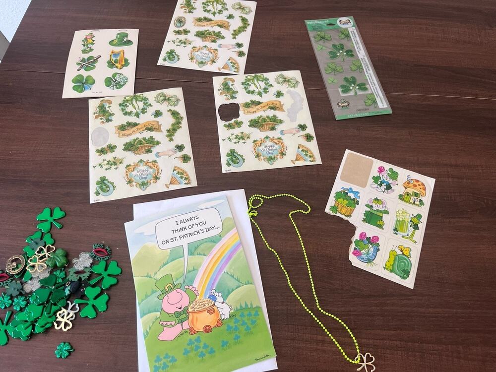 Vintage St Patrick Day Party Decor Supplies Shamrock Stickers Greeting Card Lot